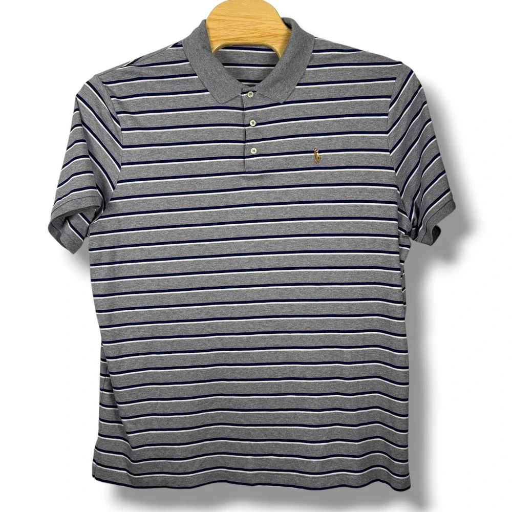 Polo Ralph Lauren Polo Mens XL Grey Navy Striped Cotton Blend Short Sleeve‎ Logo